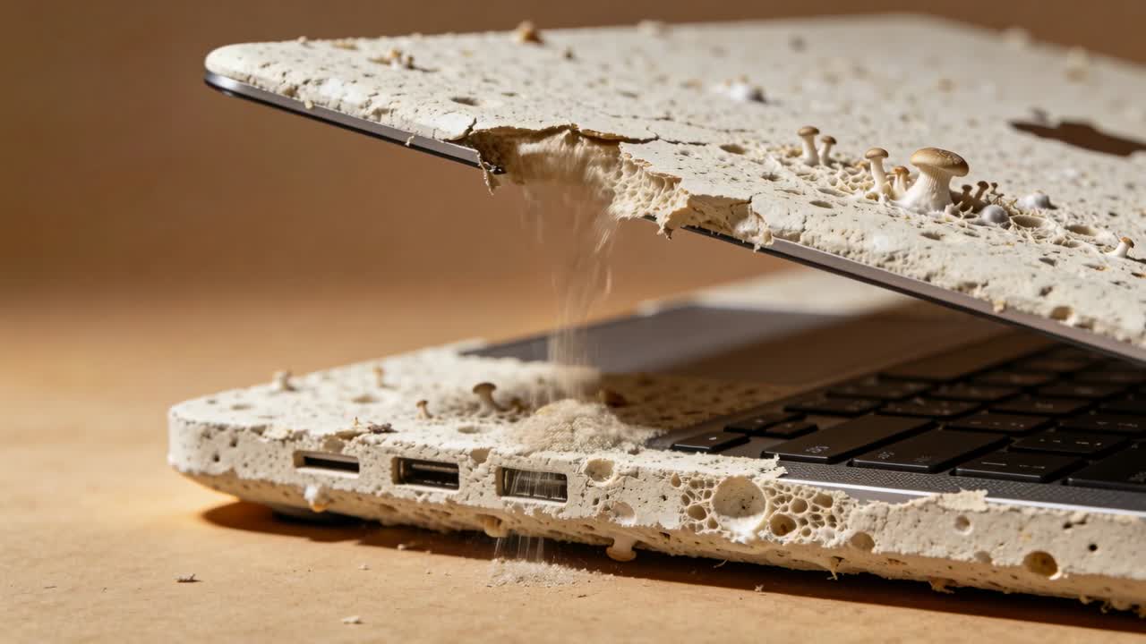 Damaged laptop shedding powder onto keyboard, revealing porous crust and mushroom growths for tech