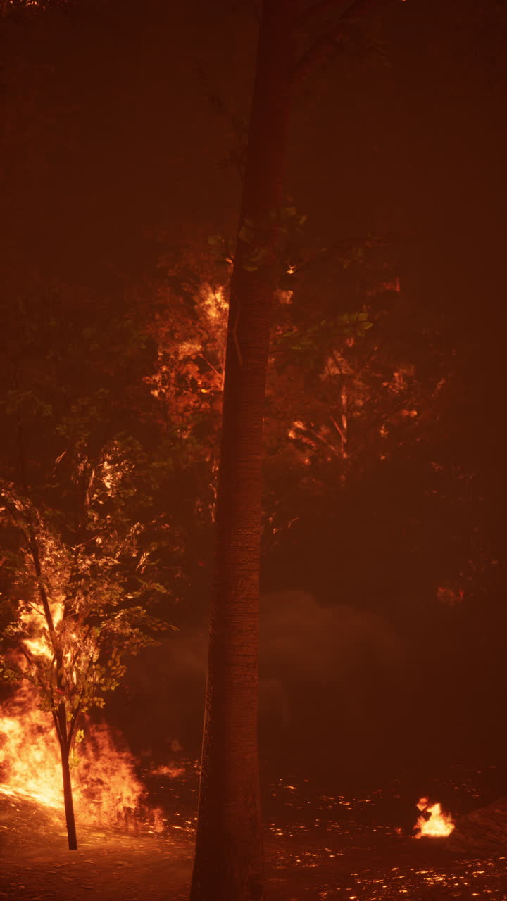 Un incendio boschivo divora il paesaggio forestale al tramonto, creando una violenta vampa di fiamme.