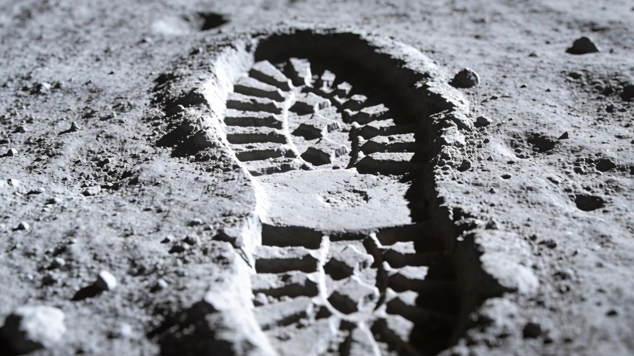 La telecamera si allontana rivelando un'impronta di stivale sulla regolite grigia, documentando la geometria esagonale del battistrada.