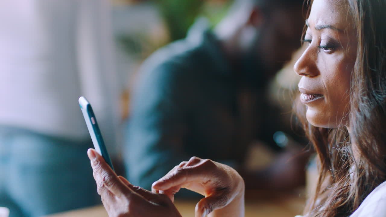 Relax, phone and business woman in cafe on lunch