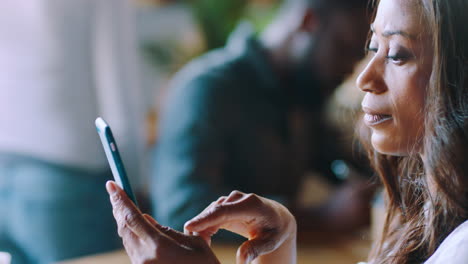 relax, phone and business woman in cafe on lunch