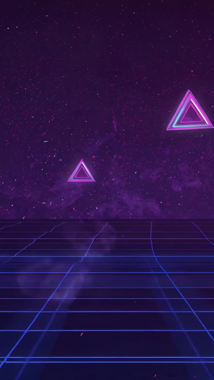 Video verticale: triangoli al neon fluttuanti che pulsano tra le stelle, griglia blu, quando compare un triangolo rosa