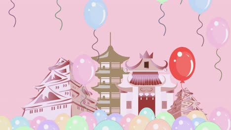 Animación-De-Globos-Y-Paisaje-Urbano-Asiático-Sobre-Fondo-Rosa