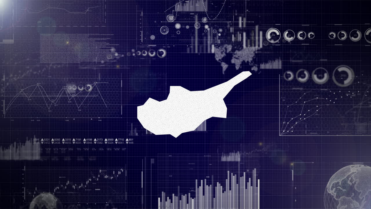 데이터 분석의 추상적인 요소와 함께 키프로스 국가 기업 배경 데이터 분석 기술 비디오와 함께 지구, 성장, 그래프, 키프로스의 통계 데이터