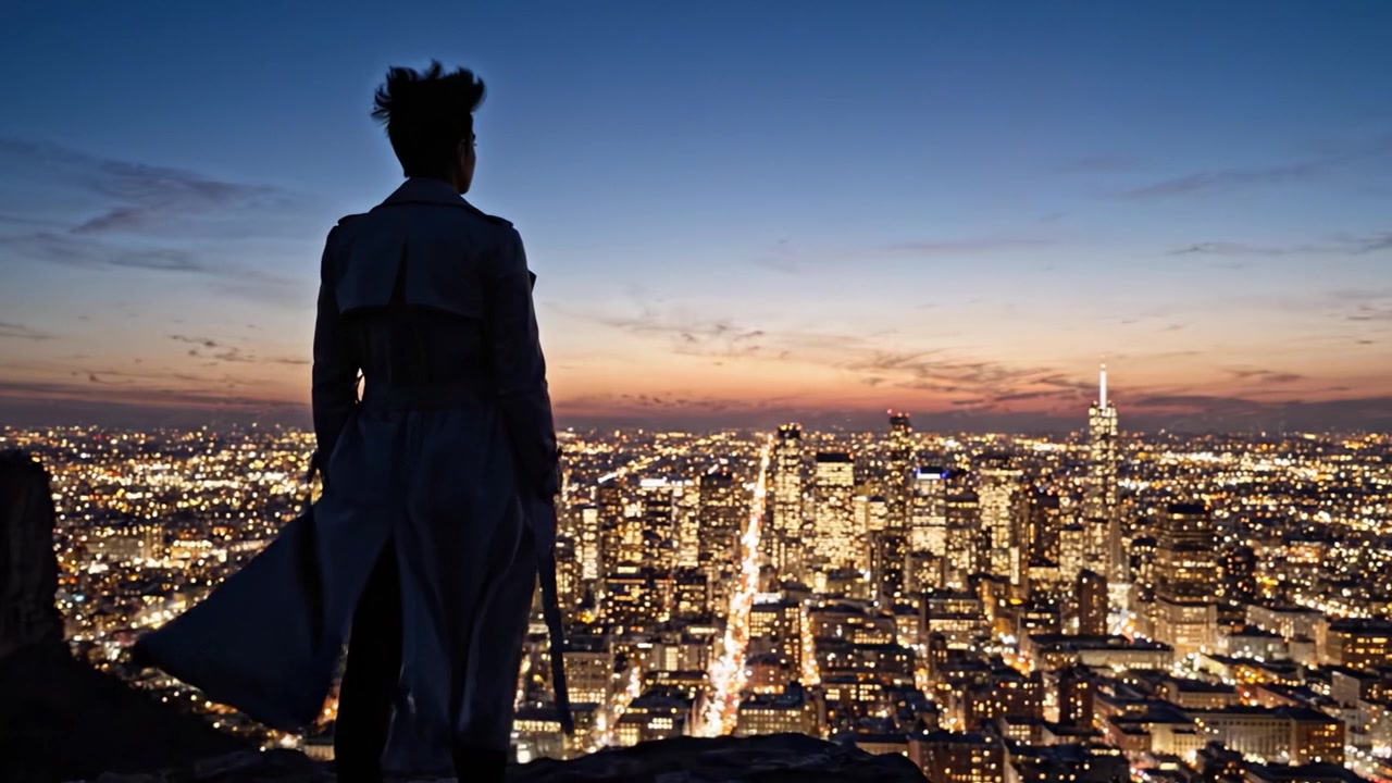 Un paesaggio urbano al tramonto ripreso da un punto di osservazione elevato, che mostra le luci scintillanti della vita urbana mentre il sole tramonta dietro i grattacieli e la silhouette di un osservatore in impermeabile.