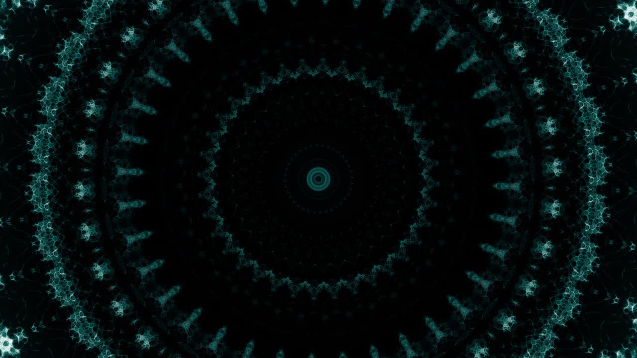 Looped Abstract neon ornate decorative background. Animation of flying into digital technologic tunnel from glowing and flickering particles. Animation of seamless loop
