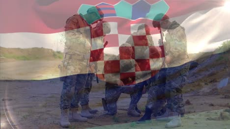 animation of flag of croatia over diverse soldiers in circle