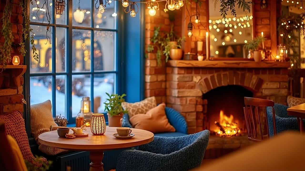 A cozy living room with a fireplace and a table with candles