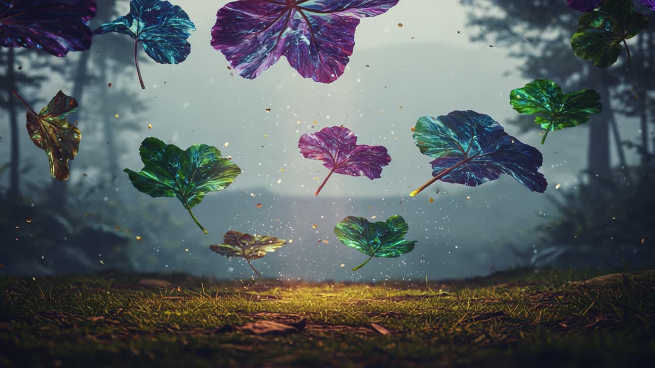 A Captivating Display of Floating Multicolored Leaves in a Magical Forest Setting Surrounded by Blossoming Nature and Enigmatic Atmosphere