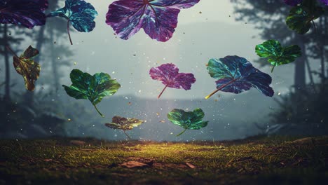 a captivating display of floating multicolored leaves in a magical forest setting surrounded by blossoming nature and enigmatic atmosphere