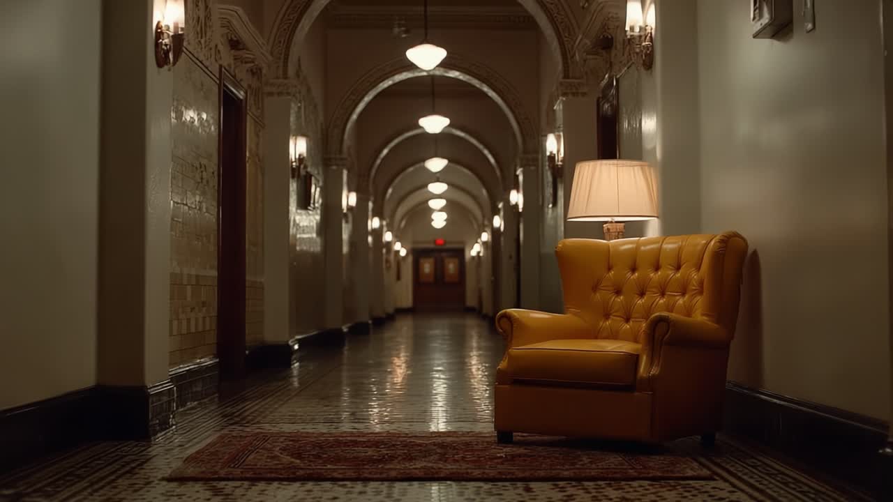 A Distinctive Yellow Chair in an Elegant Hallway, Illuminated by Warm Lights, Creates an Inviting Atmosphere in a Classic Interior Setting