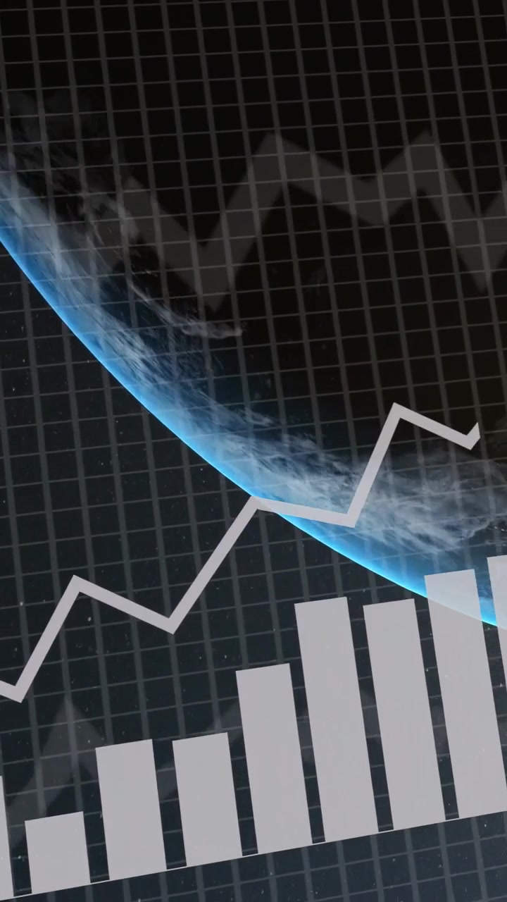 Data pulse appearing, blue arc carrying HUD analytics, charts rising, highlighting upward trend