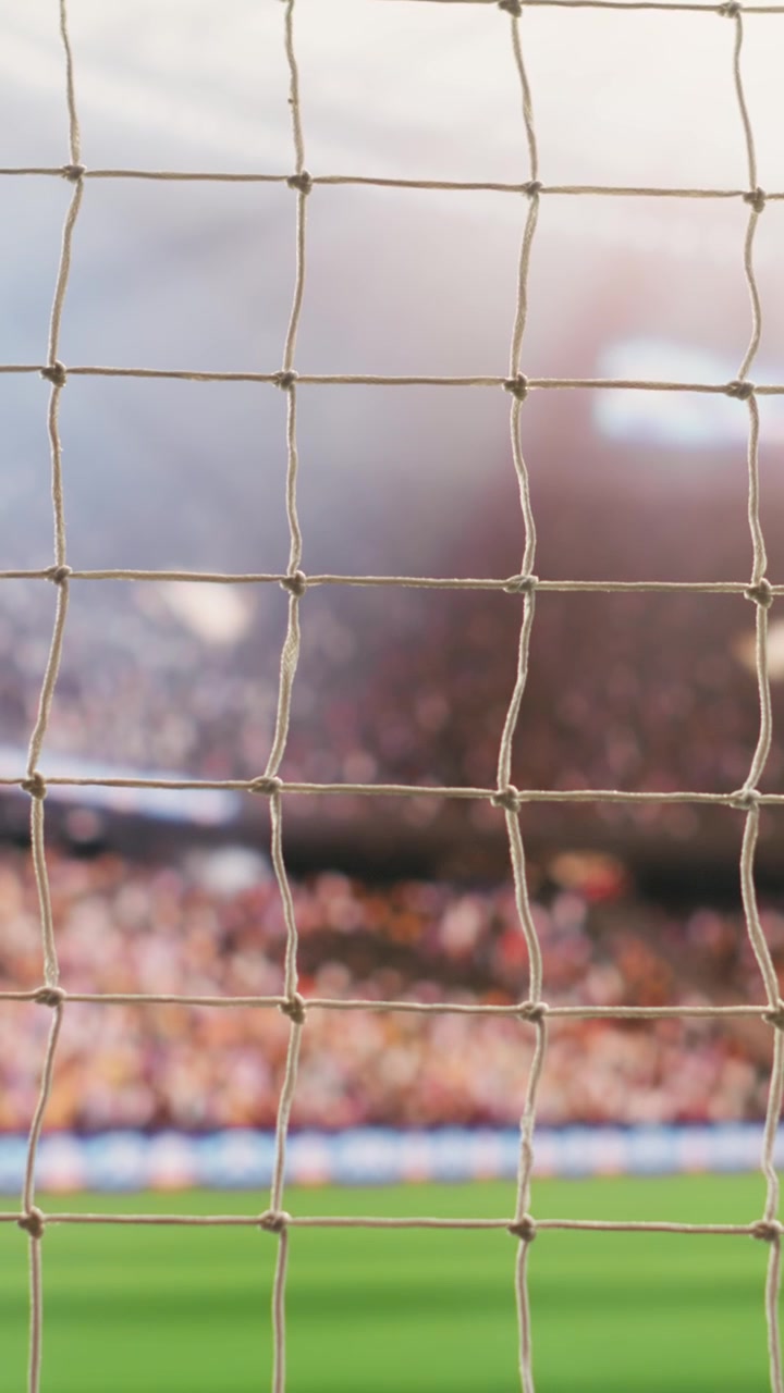 Dikey Video Bulanık tribünlerle boş sahayı çerçeveleyen açılı futbol kale ağı ve yan direği.