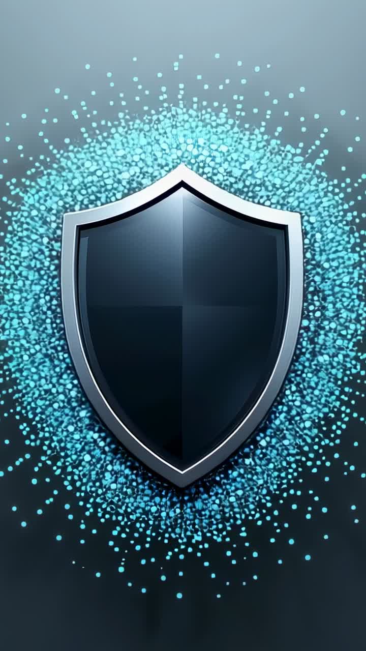 Vertical video: Advancing frames, cyan dots forming halo around navy shield with silver rim on gray