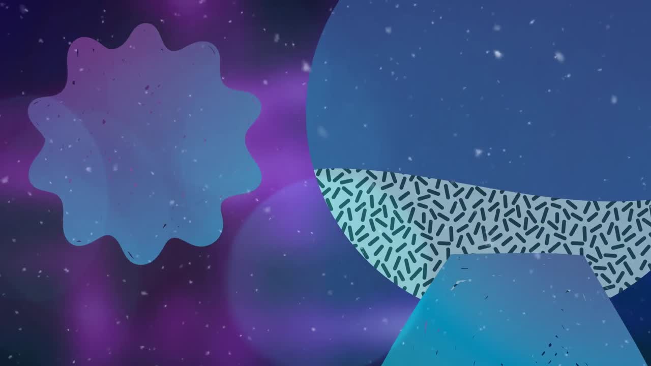 Animation of geometric shapes over violet background with white dots