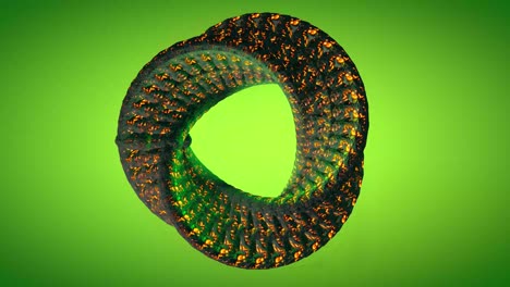 3d abstract looping  animation of a twisted spiral made of capsules of lava texture with green gradient background.