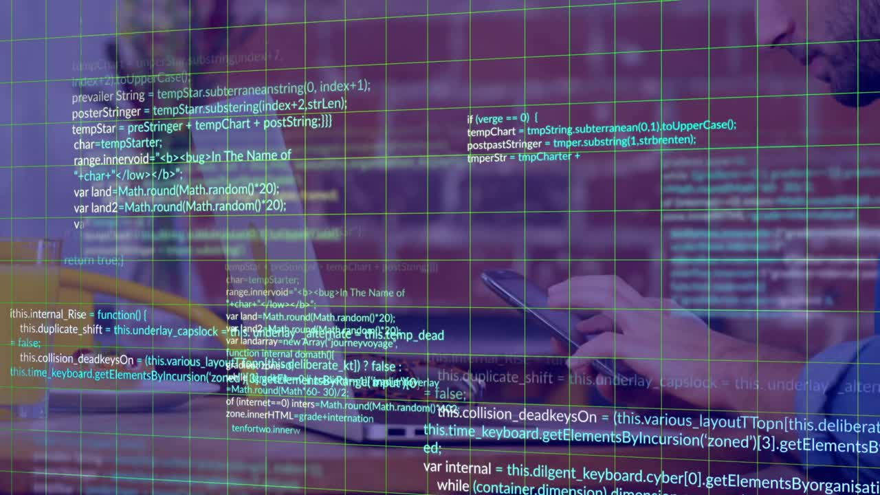 animación de lenguaje informático sobre hombre caucásico usando tableta digital y portátil en cafés