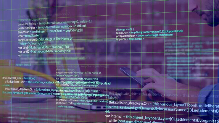 Animation of computer language over caucasian man using digital tablet and laptop in cafes