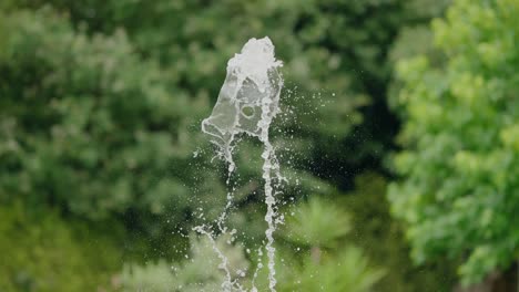 fountain water jet captured mid-spray against blurred green foliage in a serene natural setting