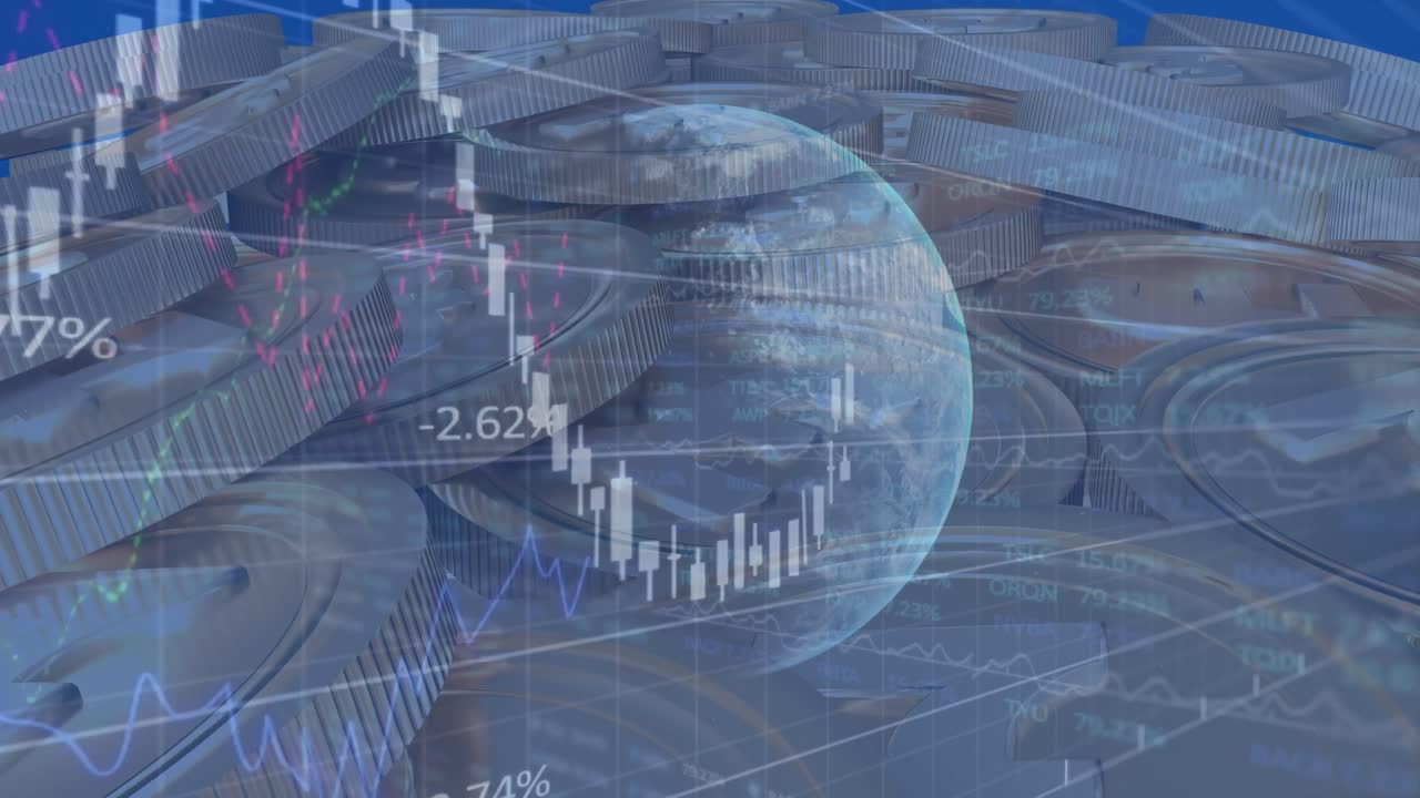 Animation of financial data processing over currencies coins