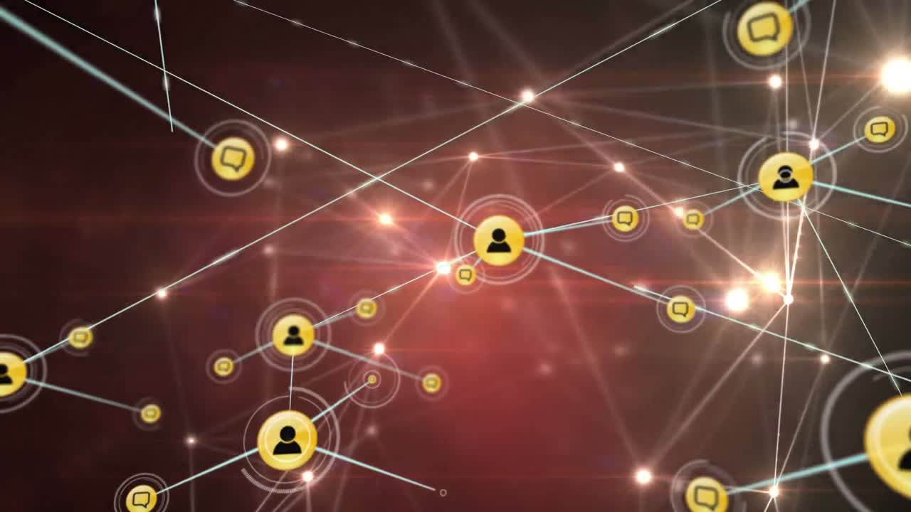 animação de rede brilhante de conexões e ícones digitais contra fundo vermelho