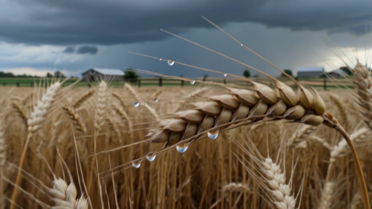 Sich nähernde Kamera auf eine Weizenähre auf einem Bauernhof, während ein dunkler Regenschleier erscheint und sich Tropfen bilden
