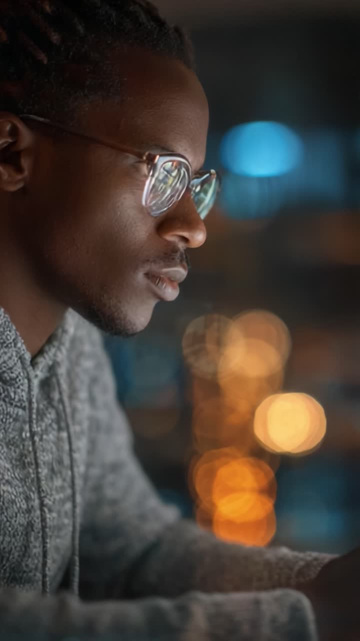 Fokuseret person fordybet i eftertænksom refleksion, der indfanger intensiteten af natlig kontemplation med omgivende bokeh-baggrundsbelysning