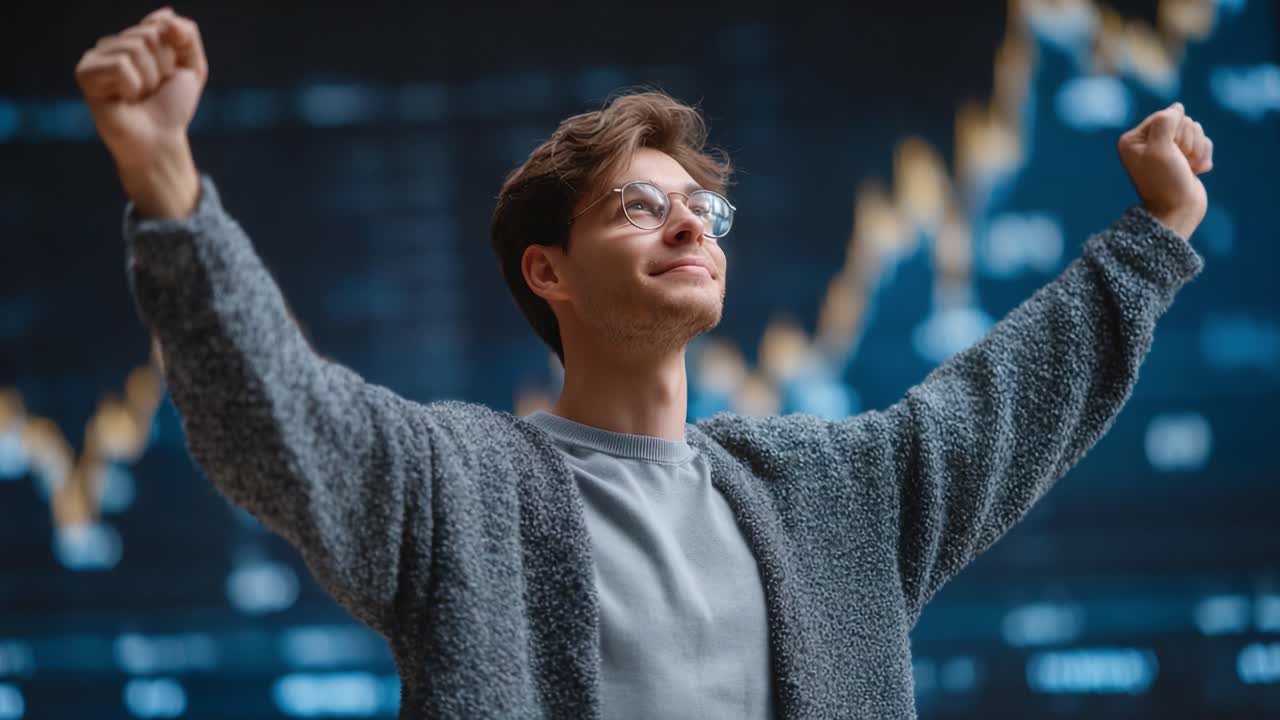 Celebration of Success: A Young Man's Moment of Triumph Captured in Two Frames, Expressing Joy and Accomplishment Against the Backdrop of Financial Growth and Data Analysis