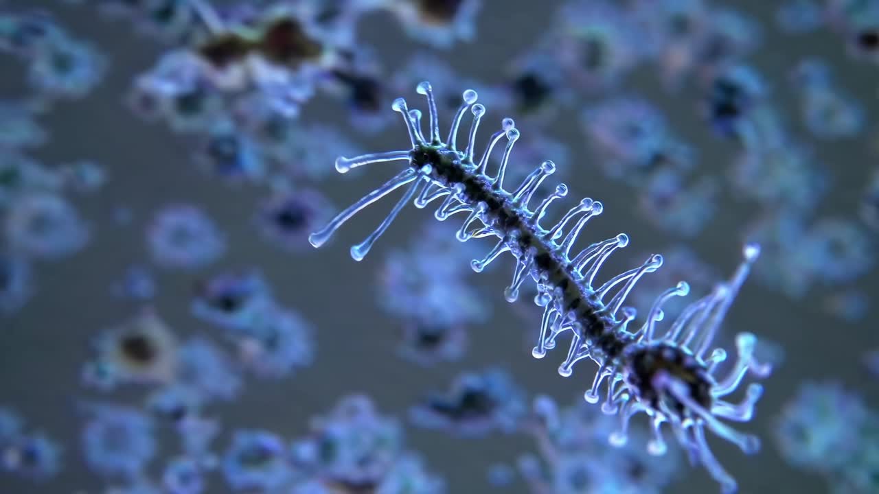 Macro video of microscopic organisms in teal hues, showcasing intricate details and movement