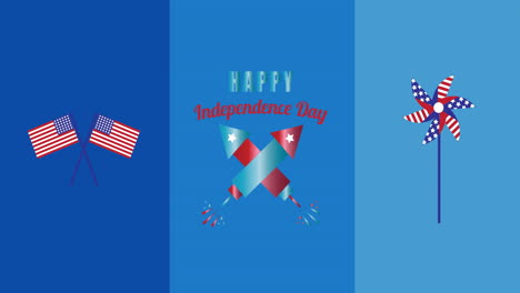 happy independence day text over wind fan and american flag icons against blue background