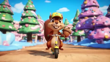 cheerful animated squirrel riding a scooter through a colorful fantasy landscape while enjoying an ice cream cone and surrounded by sweet treats