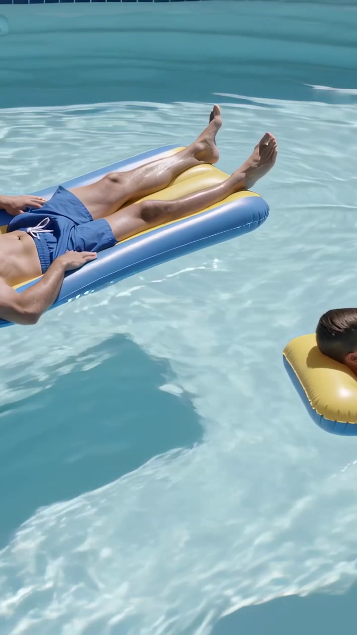Vertical video: Drifting man resting on blue float in pool, ripples moving child on yellow pad