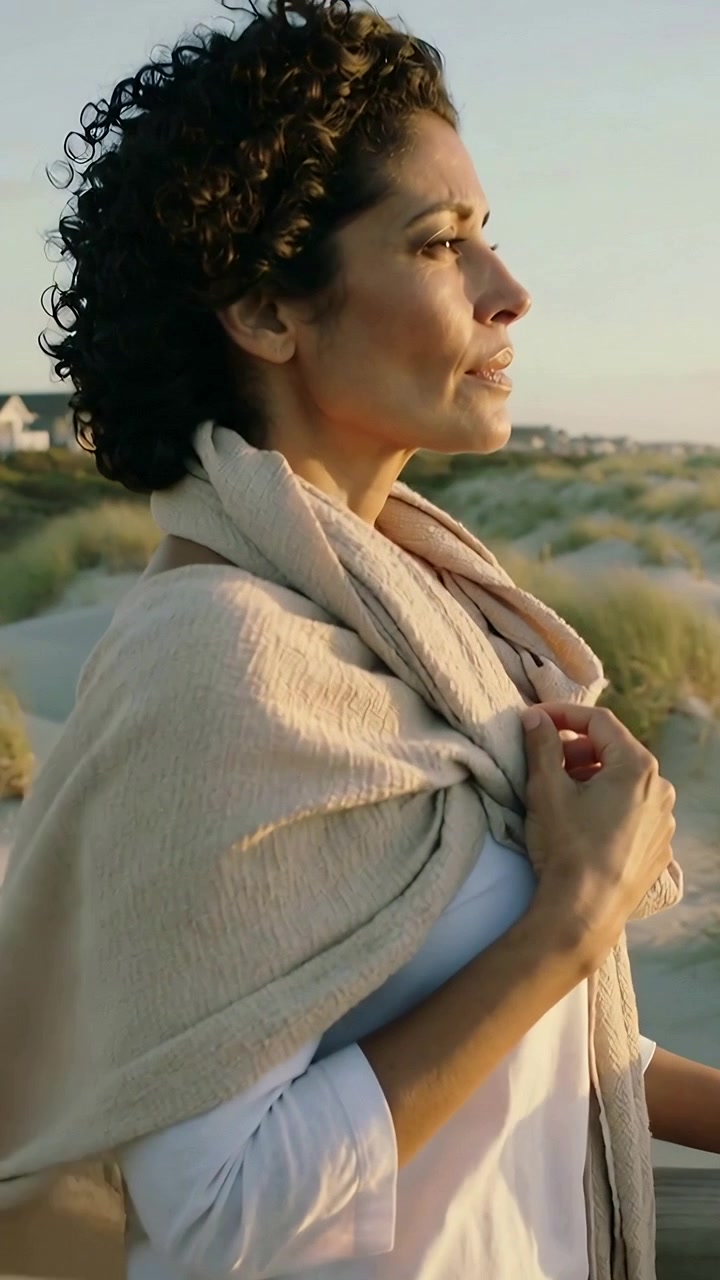 Vertical video: Feeling warm sun, adult woman adjusting beige shawl on boardwalk, gazing at horizon