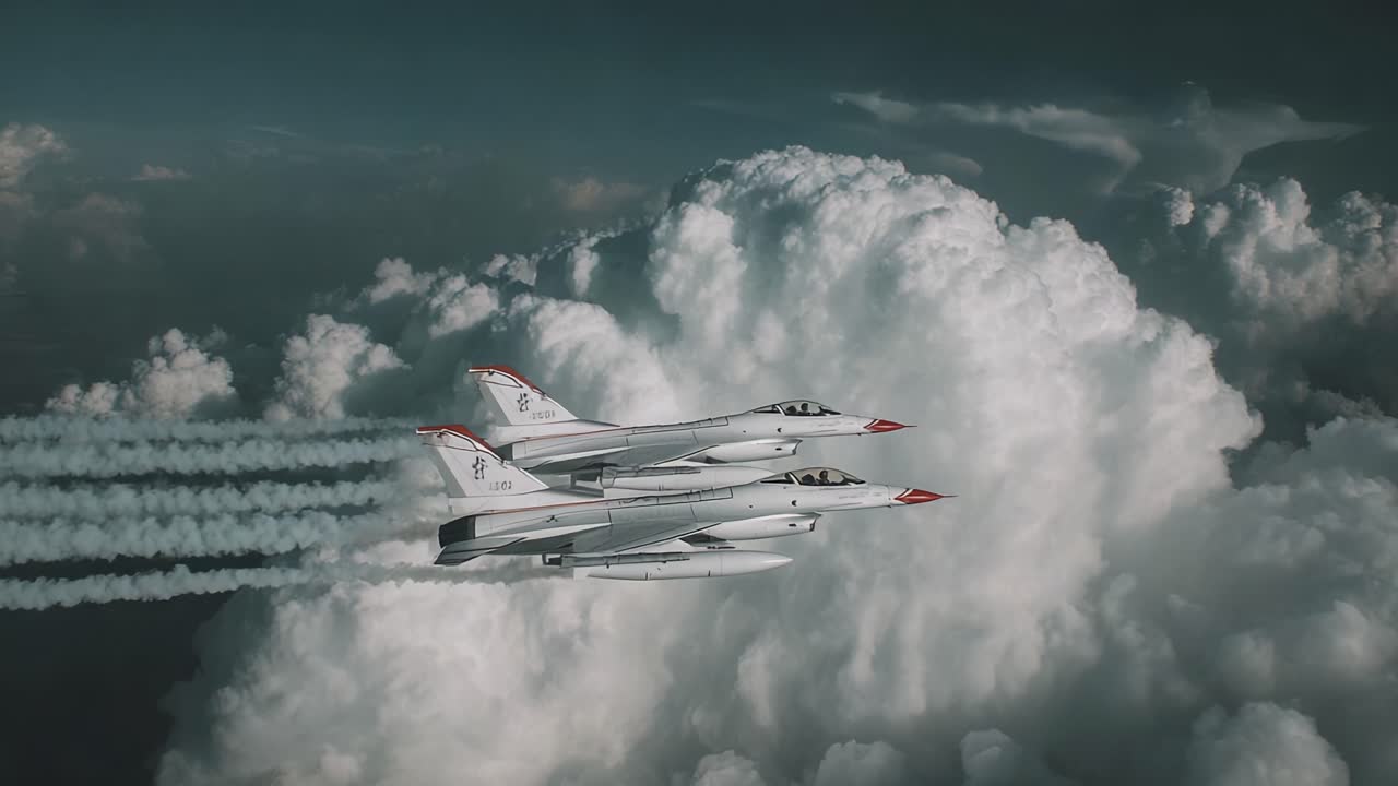 Eleganti jet militari che sfrecciano attraverso nuvole maestose: uno spettacolo aereo mozzafiato che mostra la maestria ingegneristica e la bellezza naturale in sincronia.