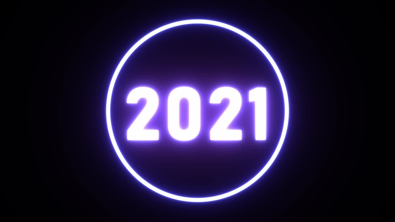feliz año nuevo 2021 tema de presentación, las bolas iluminadas se están desmoronando después de caer sobre el círculo, año nuevo 2021 animación de texto 3d, 4k de alta calidad, renderización 3d