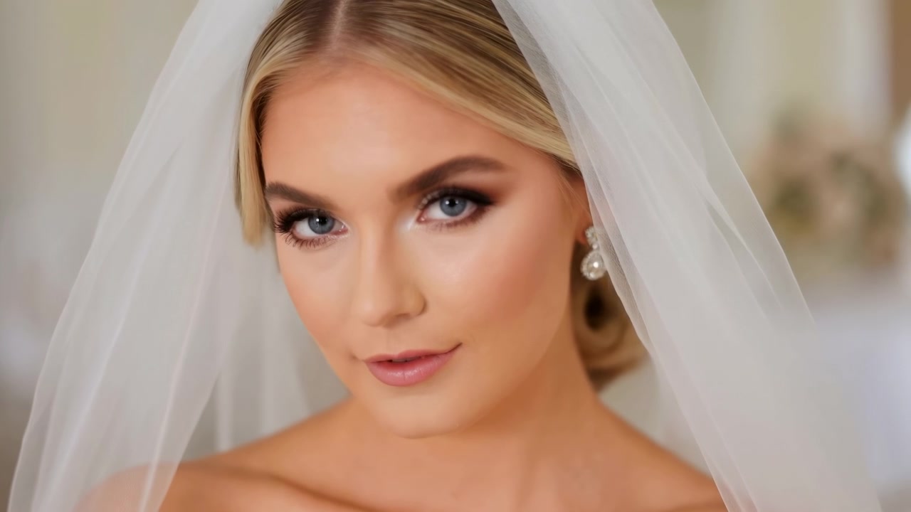 Primo piano di ritratto nuziale: sguardo con velo morbido, modella bionda elegante con trucco impeccabile e orecchini di perle, luce calda