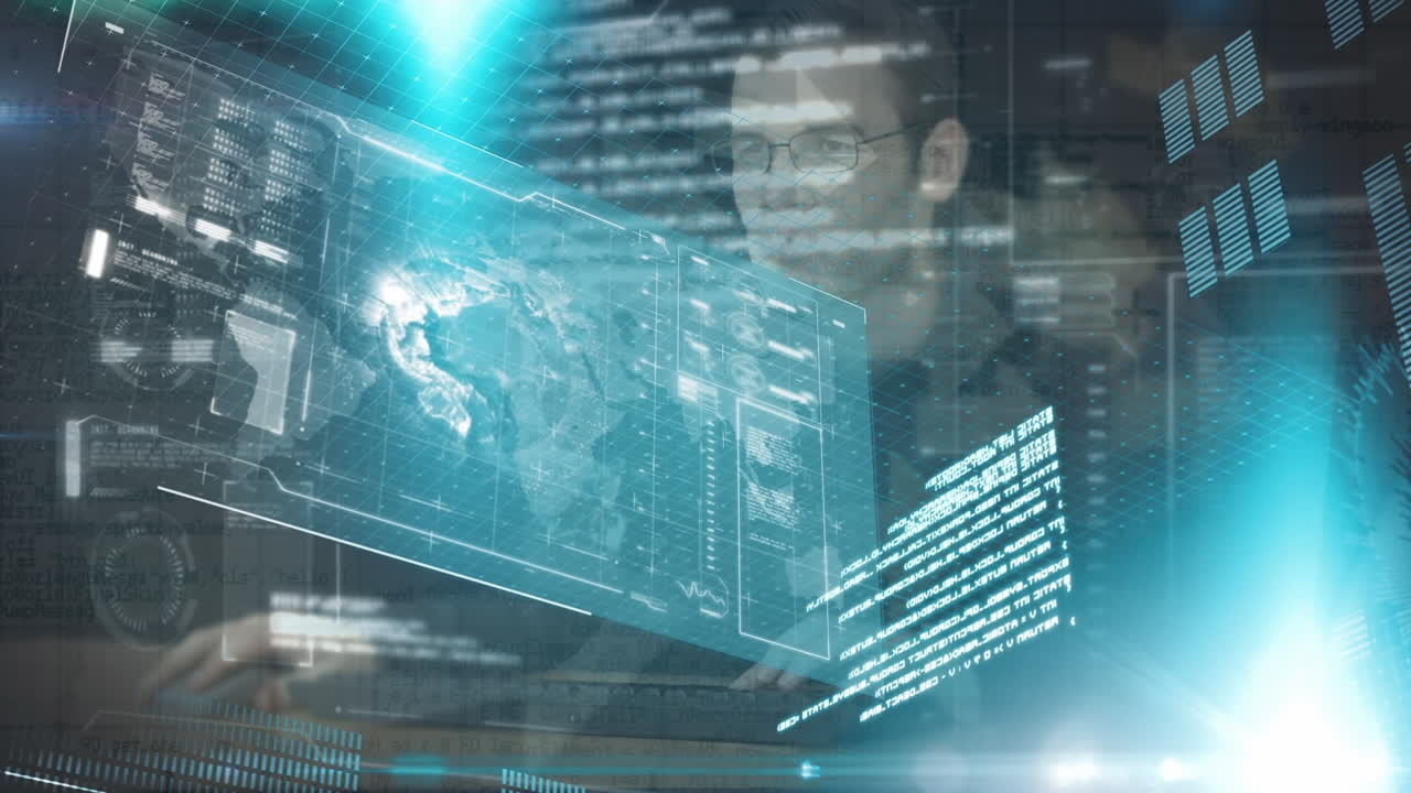 Animation of financial data processing over man using computer