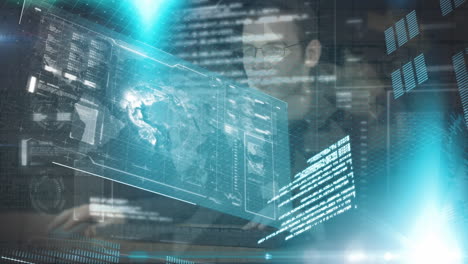 animación del procesamiento de datos financieros sobre el hombre utilizando computadora