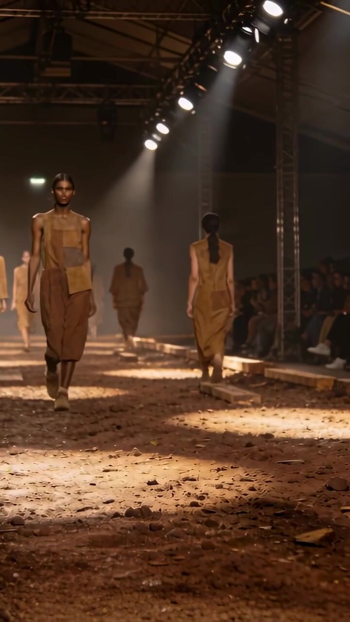 Vertikal video: Gående model reagerer på lyssignal på en jordfarvet catwalk, iført støvler.