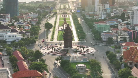 aerial video of phnom penh shows the independence monument standing tall along a broad green boulevard