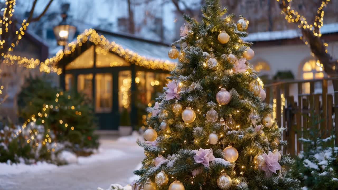 Enchanting Winter Scene Featuring a Decorated Christmas Tree Adorned with Baubles and Snow, Set Against a Cozy, Festively Lit Background