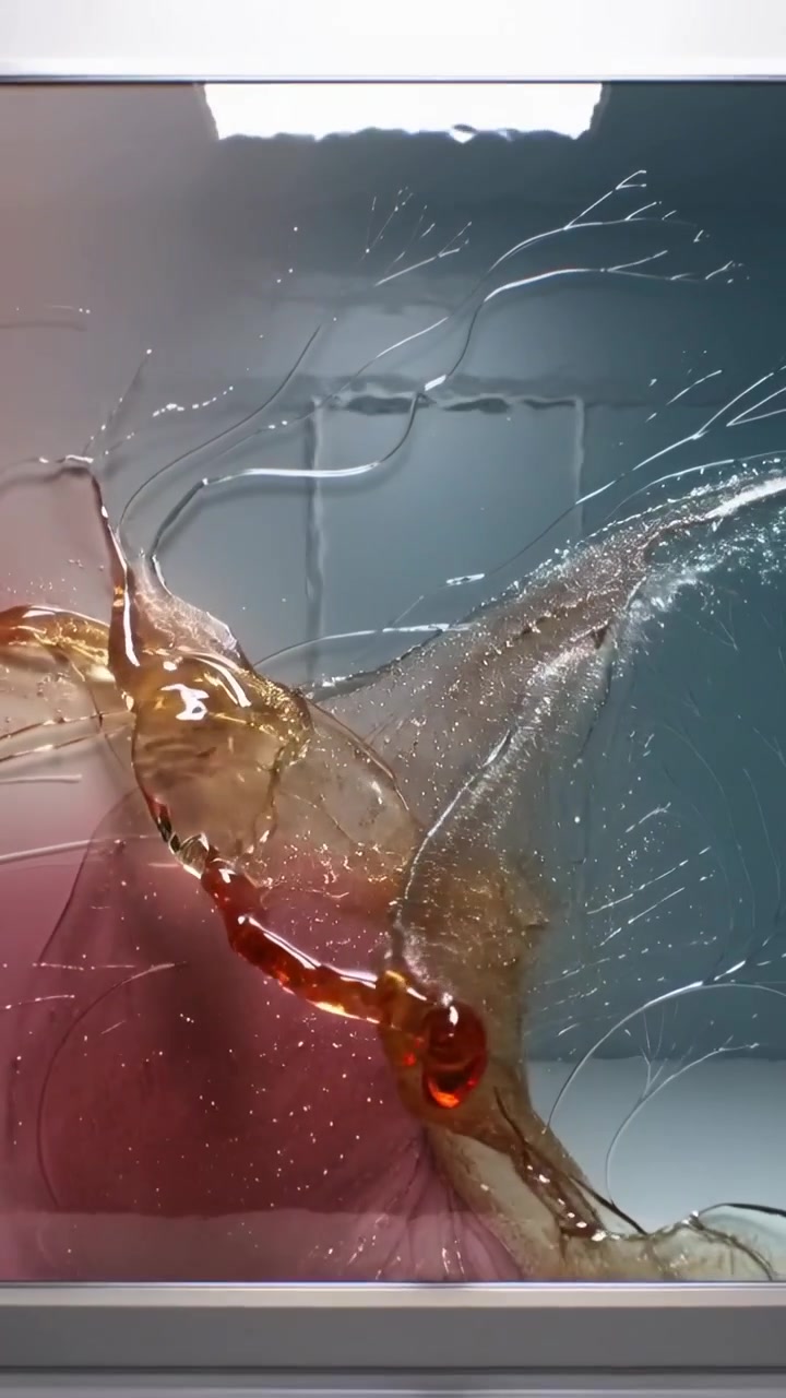 Vertical video: Pulling camera back revealing resin ribbons flowing on glass panel, forming art