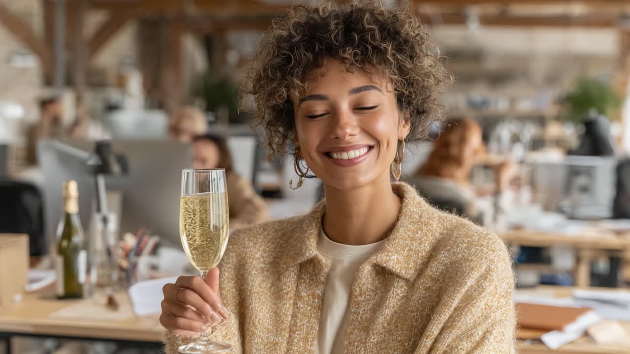 Una gioiosa celebrazione sul luogo di lavoro: una donna felice tiene in mano un bicchiere di bevanda frizzante in un vivace ambiente d'ufficio