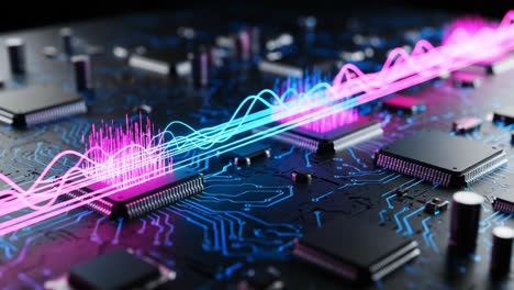 visually stunning representation of digital signal processing on a circuit board with vibrant waveforms highlighting technology and innovation