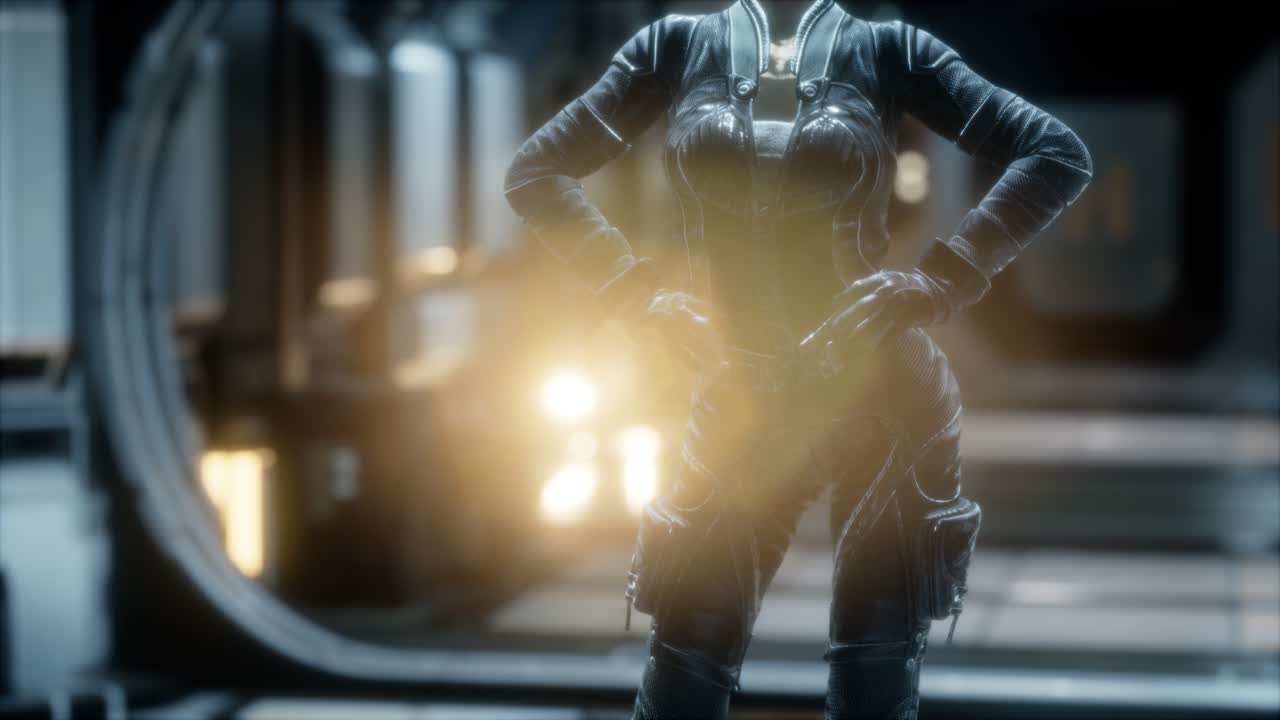 미래의 우주선에 있는 스팀 ⁇ 크 여성