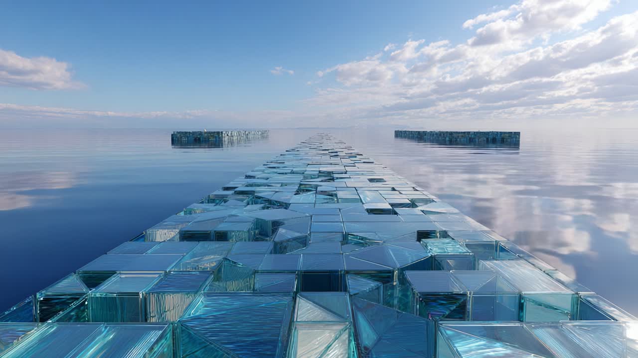 A shimmering pathway of translucent geometric shapes stretches across a tranquil sea, reflecting the sky and creating a mesmerizing visual experience of depth and light