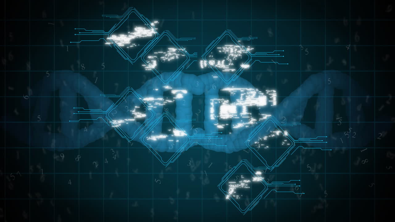 어두운 배경 위에 떨어지는 회전하는 dna 가닥과 아이콘의 애니메이션