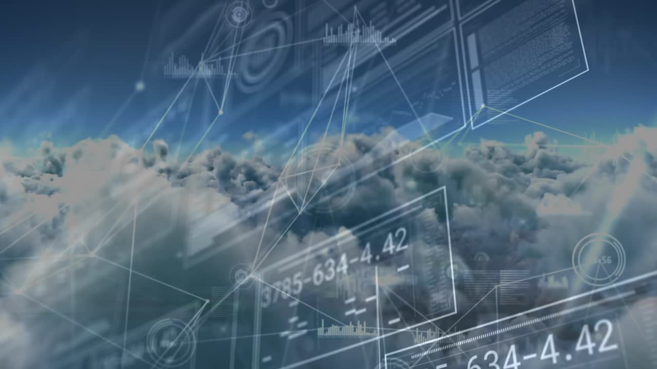 анимация сети соединений с обработкой данных над небом с облаками