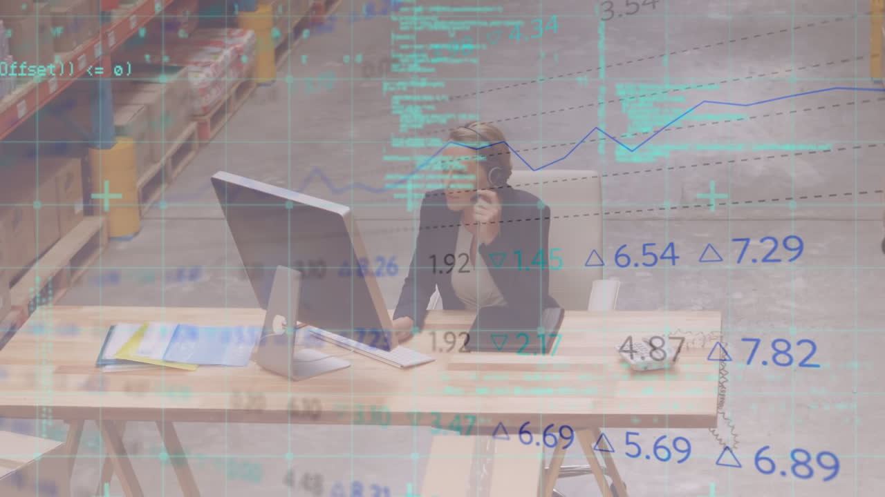 Animation of data processing over caucasian female worker