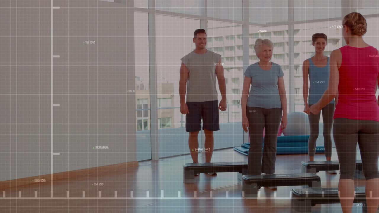 Instructor leading fitness step class, group stepping and balancing, red graph syncing with steps